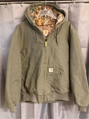 Carhartt Olive Green Huntsman Hooded Jacket with Camo Lining and Brass Zipper